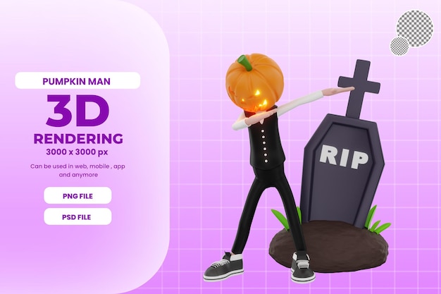 PSD 3d pumpkin man with grave illustration premium psd