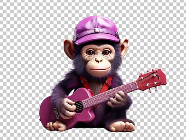 PSD 3d фиолетовый маленький шимпанзе с маленькой красной гитарой