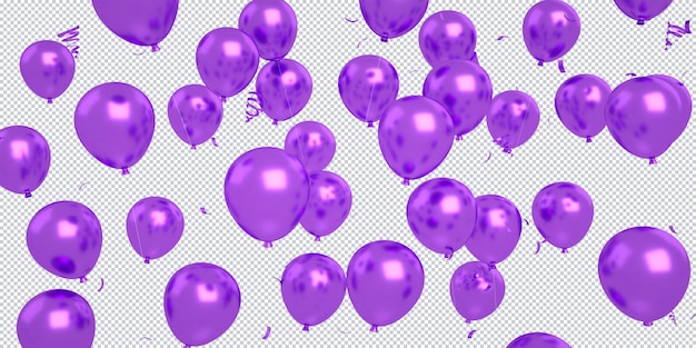 PSD 3d фиолетовые воздушные шары конфетти, плавающие, которые изолированы для макета фона с днем рождения