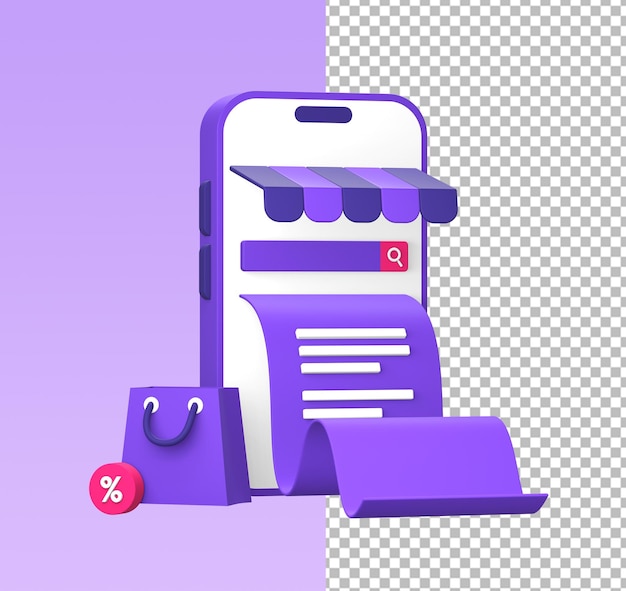 PSD 3d фиолетовый значок иллюстрации смартфона для счета интернет-магазина с сумкой для покупок