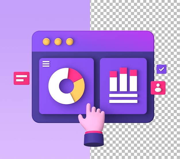 3d purple illustration icon of statistic or infographic graph with hand gesture for ui ux design