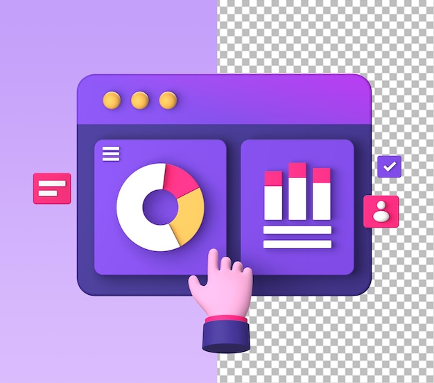 PSD ui ux 디자인을 위한 손 제스처가 있는 통계 또는 인포그래픽 그래프의 3d 보라색 그림 아이콘