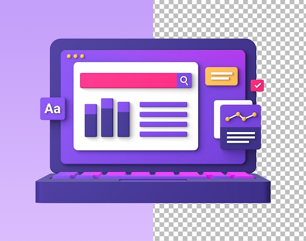 3d purple illustration icon of working on laptop for UI UX social media ads design
