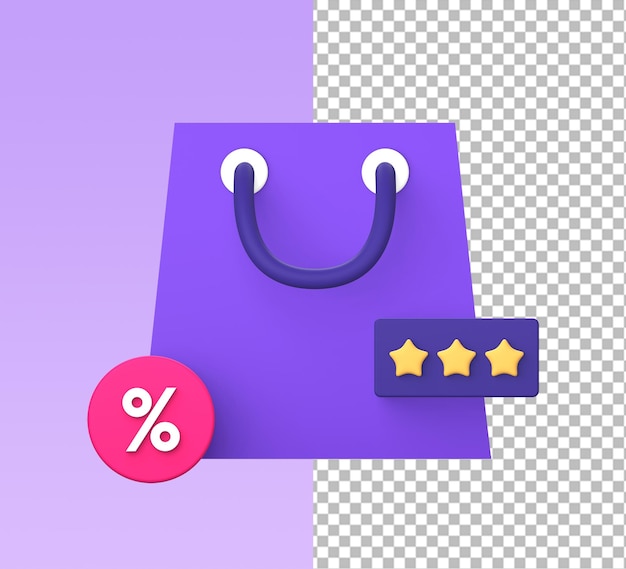 PSD 3d purple illustration icon of shopping bag with discount percentage promo and review stars