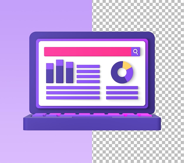 PSD 3d purple illustration icon of simple laptop with infographic chart and graph for ui ux design