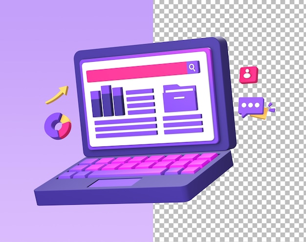 3d purple illustration icon of using a laptop to work or complete a job for UI UX design