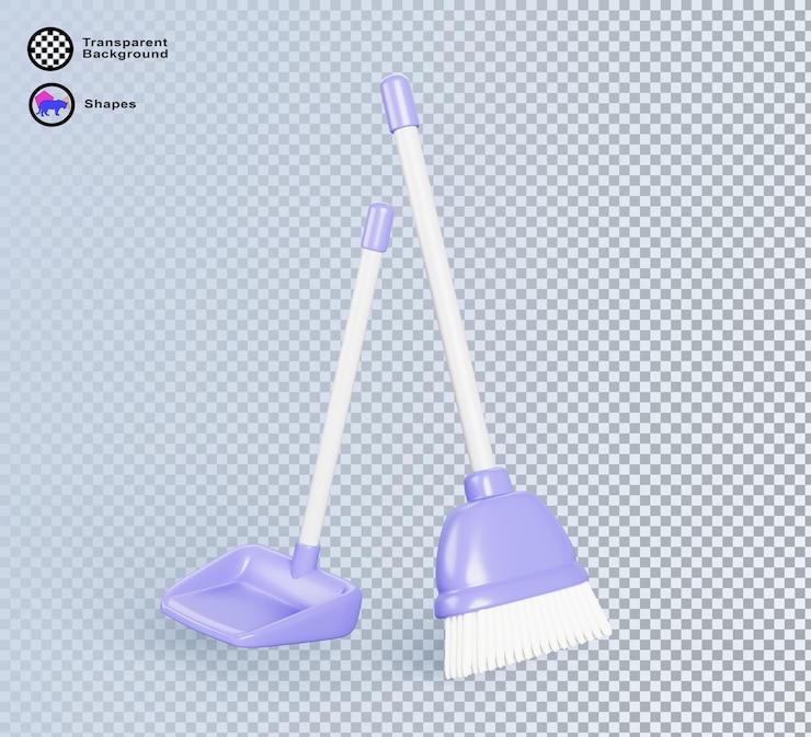 PSD 3d фиолетовая пластиковая лопата и кисть с белой длинной ручкой реалистичный набор метлы и пылесоса для чистки пола изолированное бытовое оборудование для уборки офиса или дома
