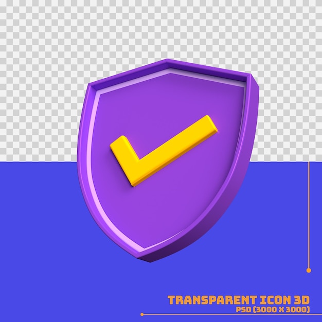 3d purple shield icon with checkmark in yellow