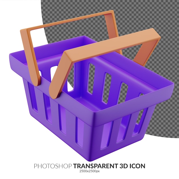 3D purple shopping or groceries basket with black handle in orange color Floating angle 3d icon