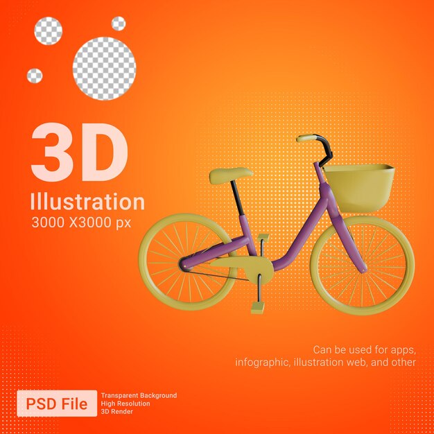 Vista laterale della bicicletta gialla viola 3d