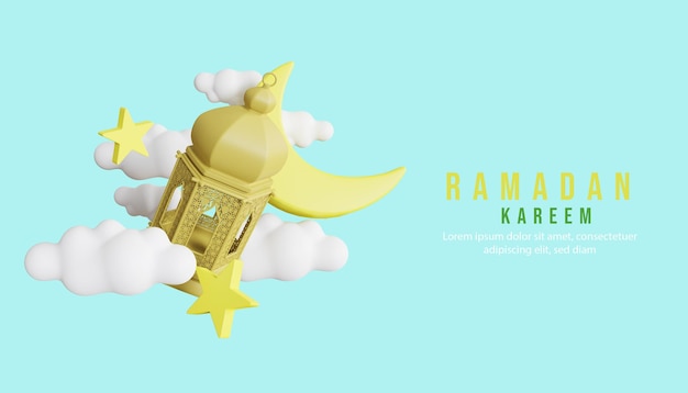 PSD 3d ramadan kareem achtergrond met lamp maan en cloud