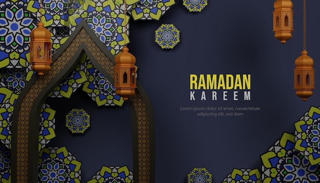 Sfondo 3d ramadan kareem con lampada e ornamento islamico