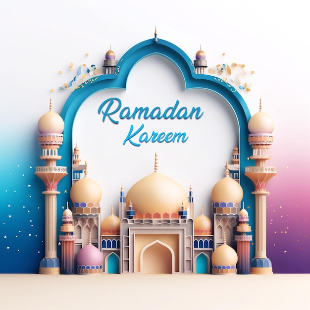 3D Ramadan Kareem banner design template with colorful mosque