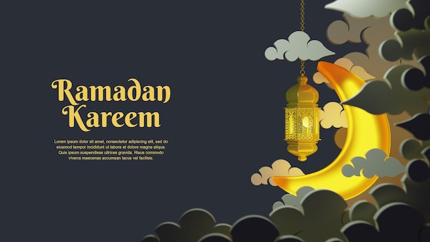 3d ramadan kareem islamic background with lamp and moon on clouds