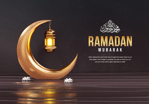 3d ramadan kareem social banner template with crescent and islamic lanterns