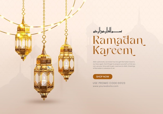 PSD modello di banner di social media 3d ramadan kareem con lanterne islamiche