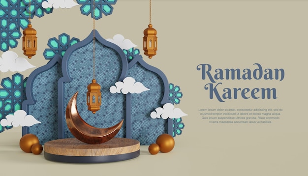 3d Ramadan Kareem Tło Z Lampą I Księżycem