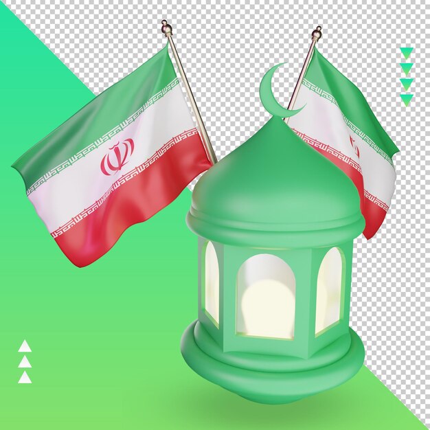 Lanterna del ramadan 3d bandiera dell'iran che rende la vista di destra