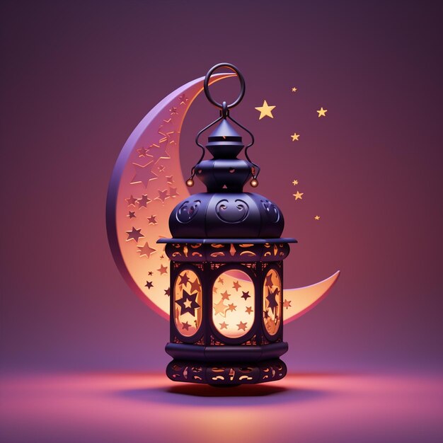 PSD 3d ramadan mubarak lantern with moon isolated on purple background