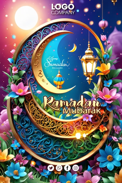 PSD 3d ramadan nacht banner leuke lantaarn weergegeven op de achtergrond sterrenstelsel met gloeiend licht