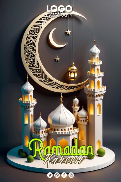 PSD 3d ramadan of islamitische feestviering banner lay-out met moskee lantaarns