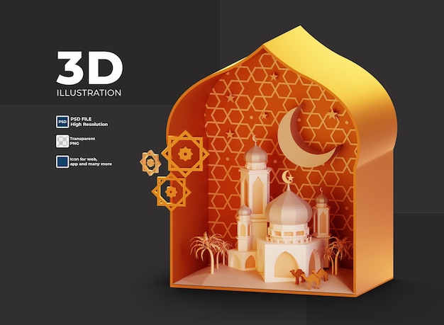 PSD ornamento ramadan 3d con lanterna e moschea