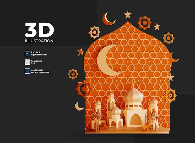 PSD 3d ramadan ornament with lantern and mosque