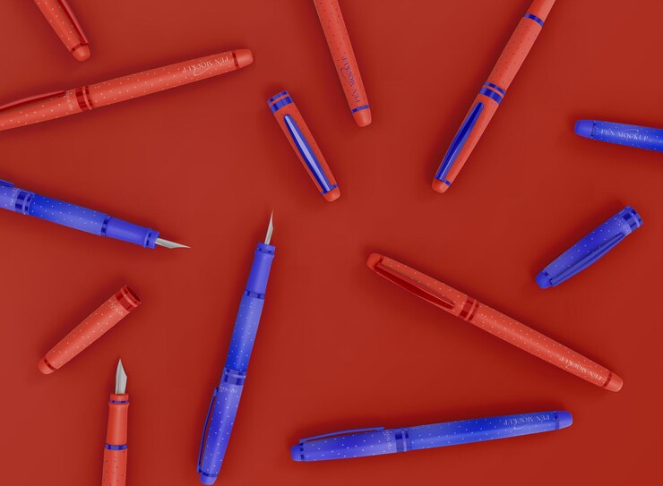 PSD 3d random fountain pens mockup