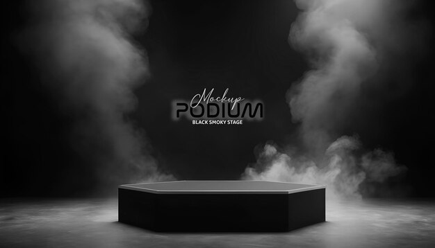 3d реалистичный черный металлический современный многоугольный подиум на дымном фоне