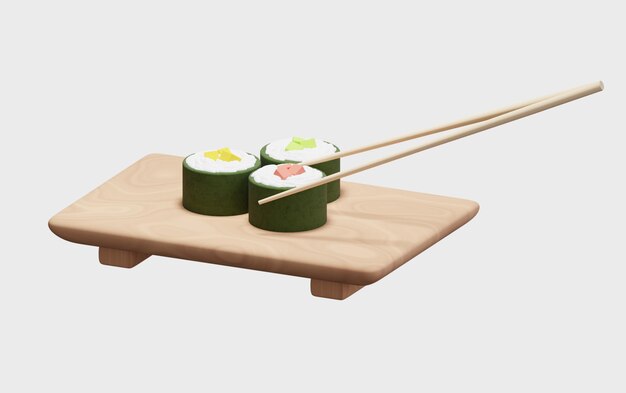 Composizione 3d realistica di rotoli di sushi su un supporto e bacchette