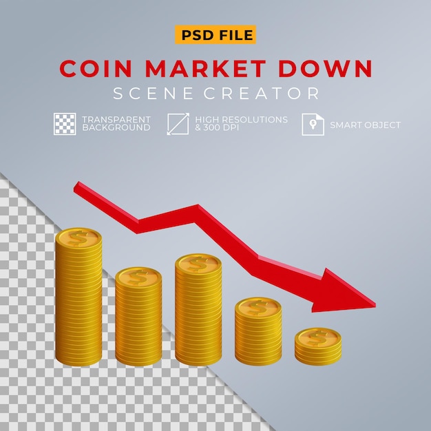 3d Realistic dollar coin with arrow market down