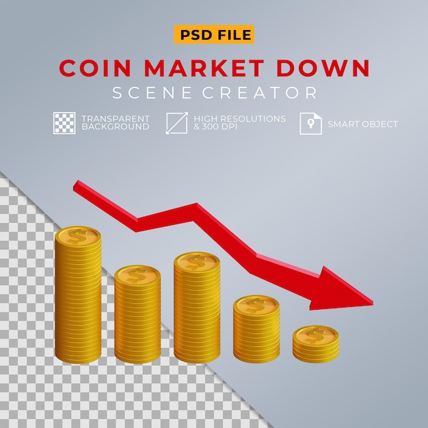 PSD 3d реалистичная долларовая монета со стрелкой вниз