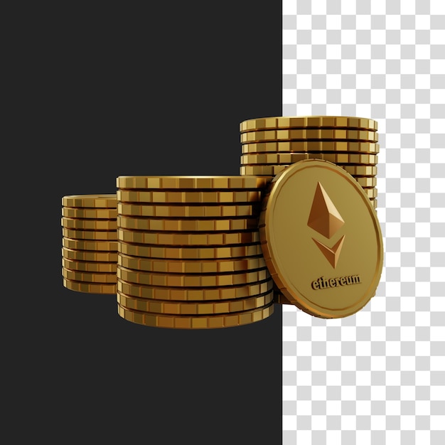 3d realistic of ethereum coins on transparent background