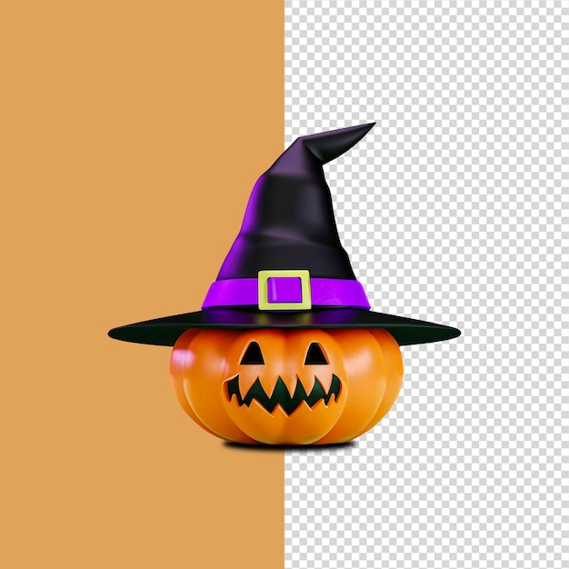 3D realistic Halloween pumpkin smiling with black witch hat purple light details