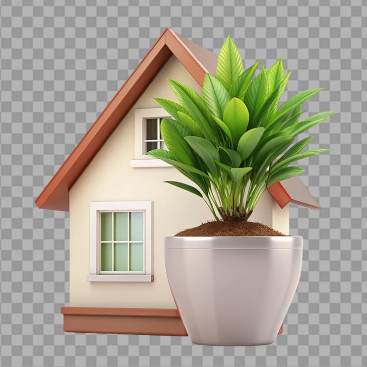 PSD 3d realistic house green plant in pot illustration on transparent background