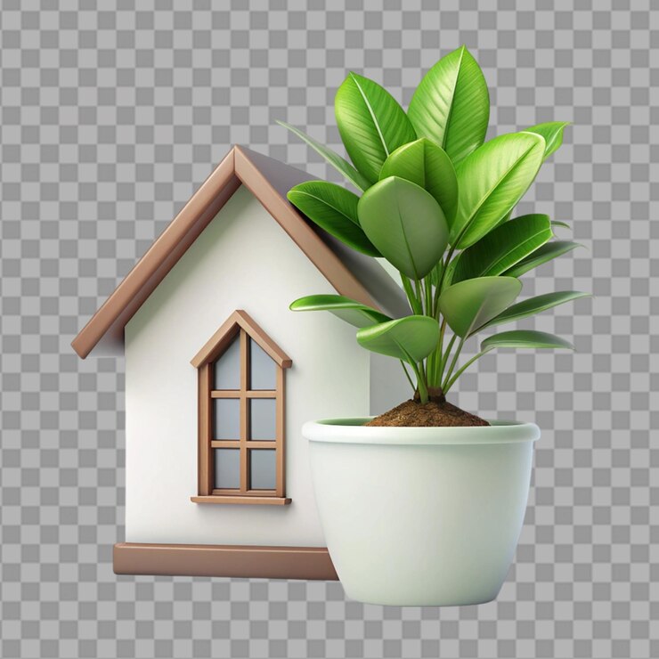 PSD 3d realistic house green plant in pot illustration on transparent background