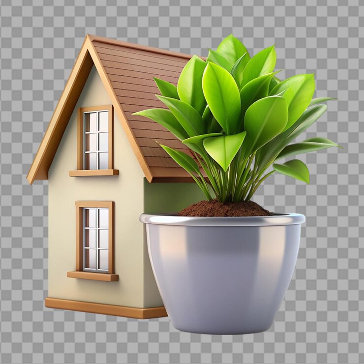 PSD 3d realistic house green plant in pot illustration on transparent background