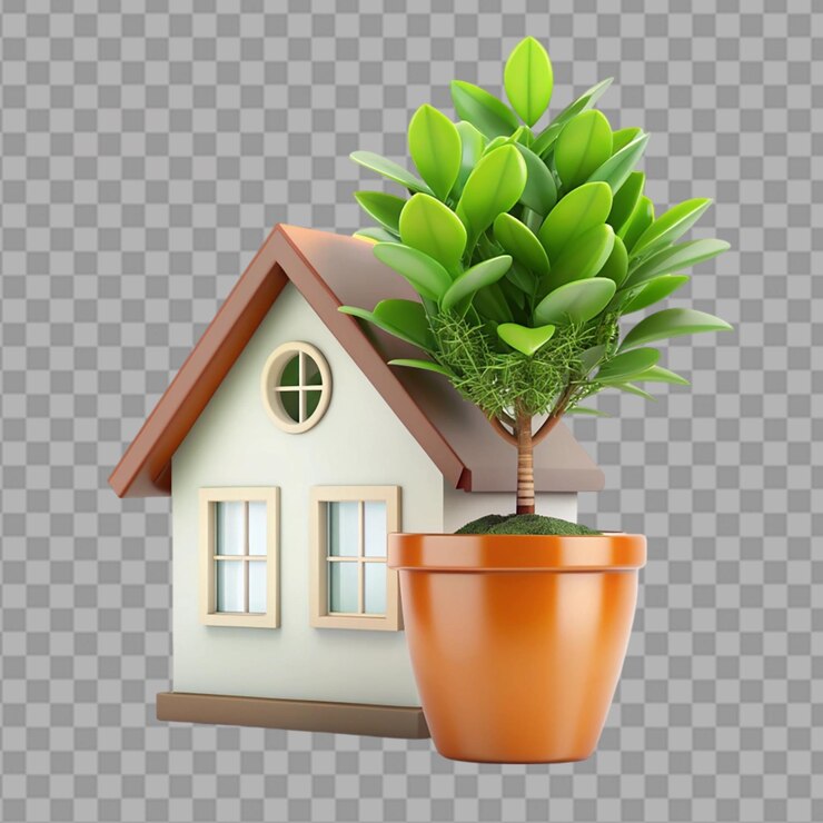 PSD 3d realistic house green plant in pot illustration on transparent background