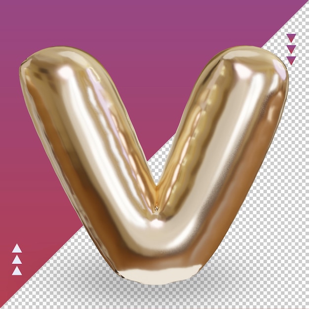 3d realistic letter v gold foil balloon front view