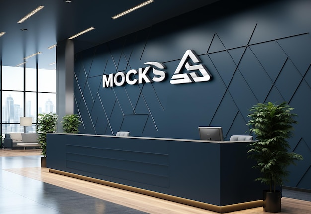 3d realistic logo mockup in the office receptionist room with laptop computer