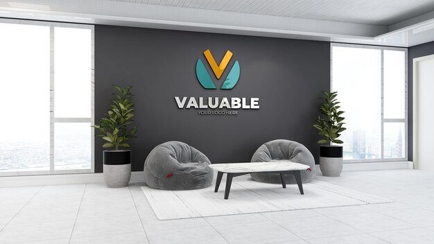 3d realistic logo mockup in the relaxing office space with bean bag