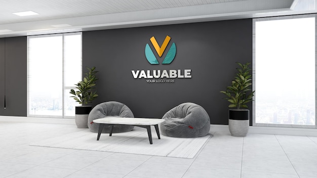 Mockup di logo realistico 3d nello spazio rilassante dell'ufficio con il sacchetto di fagioli