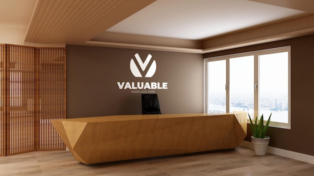 Il mockup del logo realistico 3d firma nella stanza dell'ufficio della receptionist in legno