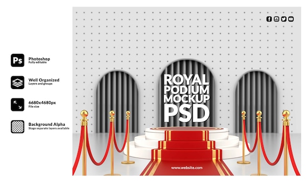 3d realistico di un podio minimalista sul tappeto rosso reale per la presentazione del prodotto psd premium