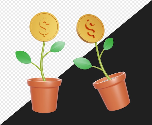 3d realistic potted plant with dollar gold isolated