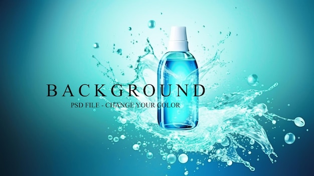 PSD psd realistico 3d con goccia di bottiglia sullo sfondo di spruzzi d'acqua