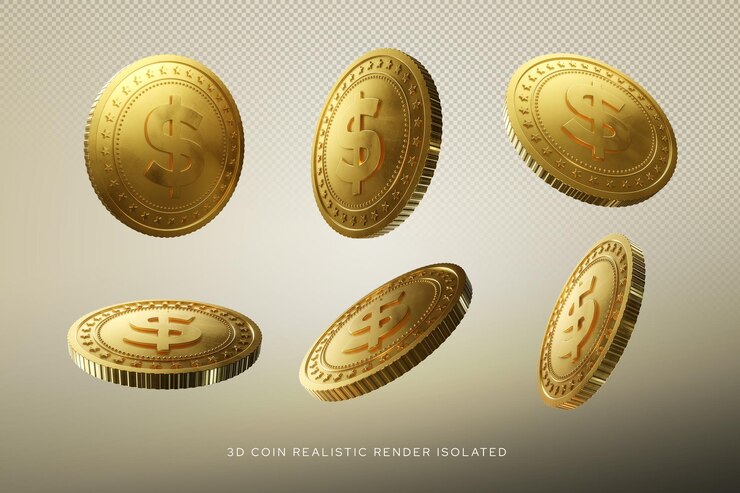 PSD 3d realistic render dollar coin set isolated