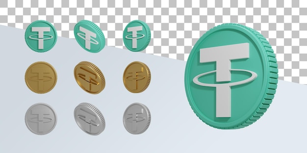 PSD 3d realistic render tether crypto coin set