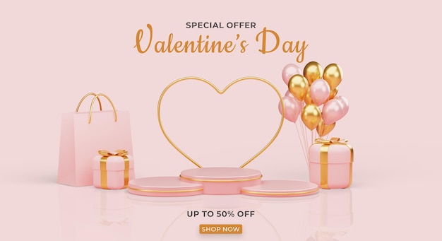 3d Realistic Render of Valentine Podium for Product Display with Gift Box and Balloons