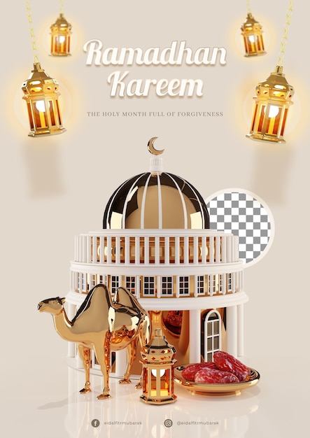 PSD 3d realistic rendered illustration of ramadan and eid with a golden mosque camel lantern dates